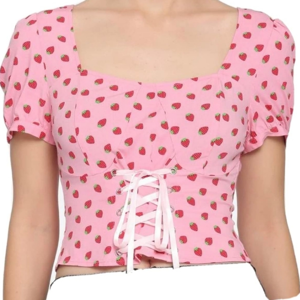HOT TOPIC PINK STRAWBERRY LACE UP CROP top.   #6557